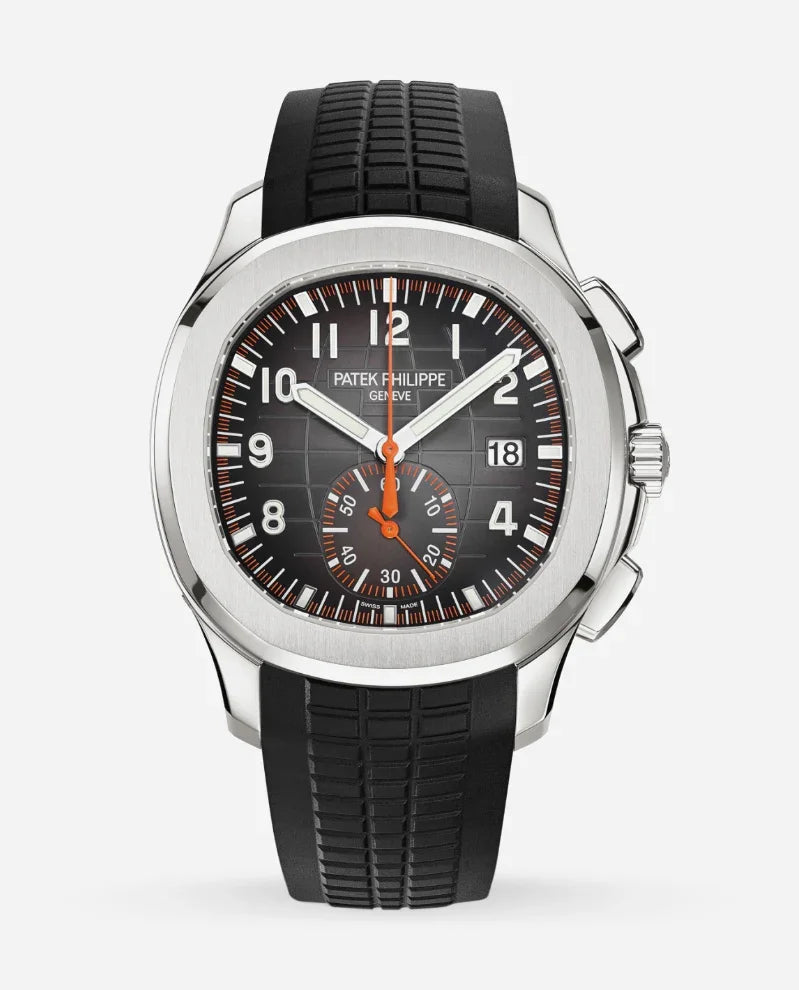 The Relógio Patek Aquanaut is a luxury wristwatch featuring a black textured strap, black dial with white numerals, orange accents, silver casing, date display, and an elegant sub-dial marked in orange and white—perfect as an relógio executivo.