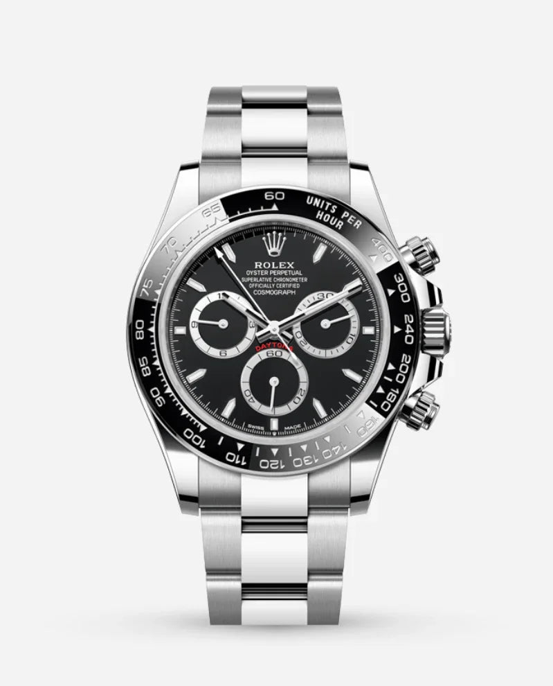 The Rolex Daytona is a luxury watch with a black dial, three subdials, a tachymeter bezel, and a stainless steel bracelet, beautifully showcased on a plain white background.